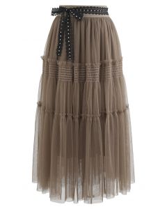 Riveted Lace Ribbon Ruffle Mesh Skirt in Caramel
