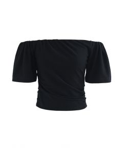 Schulterfreies Kurzarm-Crop-Top aus Baumwolle in Schwarz