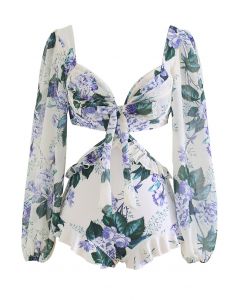 Lila Chiffon-Badeanzug mit Blumenausschnitt an der Taille