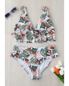 Triangel Bikini Satz mit tropischem Print und Rüschen