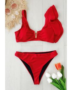 Rotes, gekräuseltes V-förmiges Ausschnitt-Bikini-Set