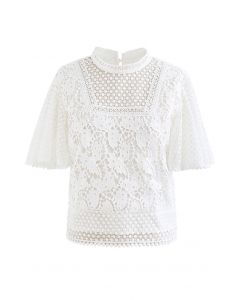 Bliss Flutter Sleeve Full Crochet Top in Weiß