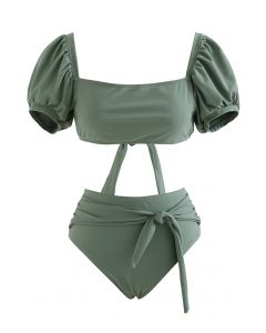 Bikini-Set mit eckigem Ausschnitt und Knoten in Armeegrün