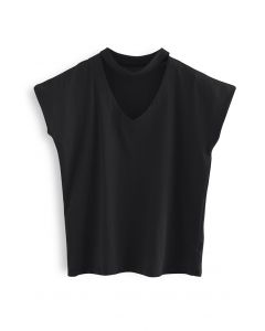 Ärmelloses Baumwoll-T-Shirt mit V-Ausschnitt in Schwarz