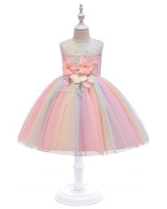 3D-Blumen-Pastell-Mesh-Prinzessin-Kleid in Pink für Kinder