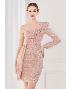 Rüschen One-Shoulder-Kleid mit buntem Paillettenbesatz in Pink