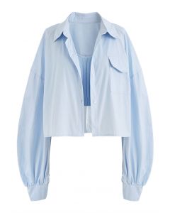 Cami-Crop-Top und Shirt-Set mit V-Ausschnitt in Blau