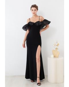 Abgestuftes, schulterfreies, geteiltes Meerjungfrauenkleid mit Netzrüschen und Rüschen in Schwarz