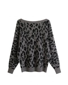 Pullover mit Leoparden-Jacquard und Fledermausärmeln in Grau