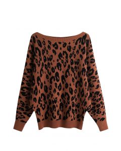 Pullover mit Leopardenjacquard und Fledermausärmeln in Karamell