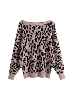 Pullover mit Leoparden-Jacquard und Fledermausärmeln in Rosa