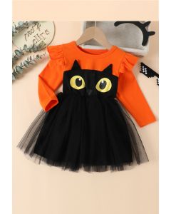 Schwarzes, gespleißtes Kleid mit Rüschen und Mesh-Tüll für Kinder in Orange