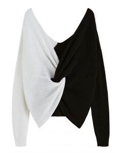 Zweifarbiger Pullover mit V-Ausschnitt und verdrehter Vorderseite in Schwarz