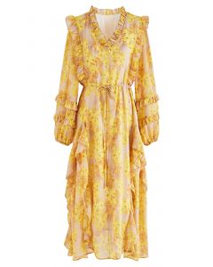 Elegantes Chiffon-Kleid mit floralem Rüschenbesatz und Bindebund in Gelb