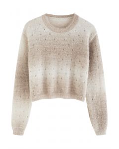 Ombre Eyelet Fuzzy Crop Sweater in Hellbraun