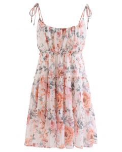 Camisole-Kleid aus Chiffon mit Aquarellblumen und Rüschenbesatz