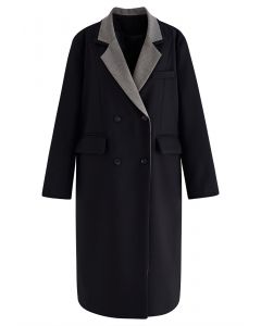 Langer Mantel mit kontrastierendem, gekerbtem Revers in Schwarz