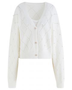 Pearly Diamond Knit Cami Top und Cardigan im Set in Weiß