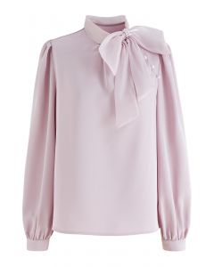 Organza Bowknot Pearl Satin Shirt in Rosa