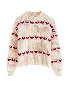Grobstrick-Pullover mit Herz-Reihen