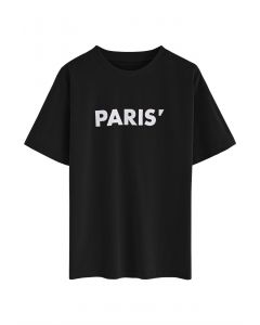 Rundhals-T-Shirt mit Paris-Print in Schwarz