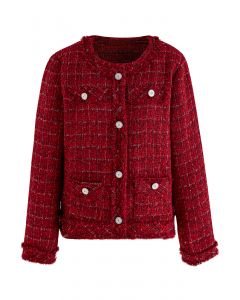 Nobby kragenlose Gitter-Tweed-Jacke in Rot