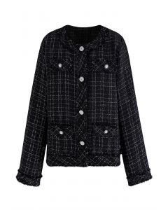 Nobby kragenlose Gitter-Tweed-Jacke in Schwarz