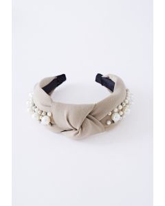 Pearl Decor besticktes Stoff-Stirnband in Taupe