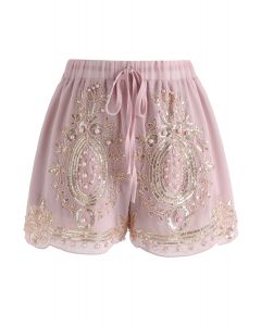 Shorts de gasa con cuentas brillantes en rosa