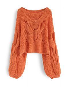 Handgestrickter Mohair-Pullover mit Puffärmeln in Orange
