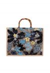 Einkaufstasche mit Bambusgriff und Pailletten-Blumenstickerei in Blau