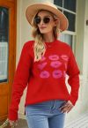 Strickpullover mit rotem Lippenmuster in Rot
