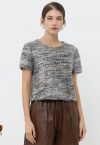 Flauschiges Crop-Top mit Pailletten-Mosaik in Grau