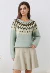 Winter Whimsy – Gerippter Fair-Isle-Strickpullover in Minze