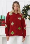 Süße Strickjacke mit 3D-Schleife und Weihnachtsbaum-Knöpfen in Rot