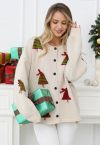 Süße Strickjacke mit 3D-Schleife und Weihnachtsbaum-Knöpfen in Weiß