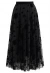 3D Rose and Heart Mesh Midi Skirt in Black