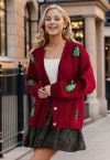 Cardigan mit Knöpfen und Pailletten-Weihnachtsbaum-Patch in Rot