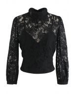 Floral Lace Open Back Crop Top in Schwarz
