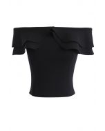 Off-Shoulder Tiered Cropped Knit Top in Schwarz
