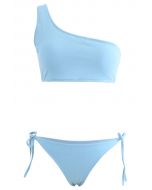 Eine-Schulter Seite Binden Schwacher Anstieg Bikini Set in Blau