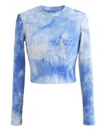Cotton Long Sleeves Blue Tie Dye Crop Top