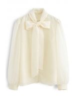 Transparentes Button-Down-Hemd mit Bowknot in Creme