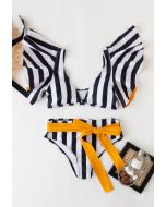 Schwarz Weiß Streifen Rüschen Bowknot Bikini Set