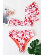 Rüschen Ein-Schulter Blumen Bikini Set