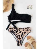 One-Shoulder Knotted Bikini Set mit Leopardenmuster