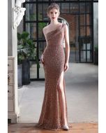 Abendliche Eleganz Pailletten One-Shoulder-Kleid mit Schlitz in Gold