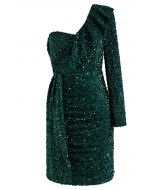 Rüschen-Ein-Schulter-Kleid mit buntem Paillettenbesatz in Smaragd