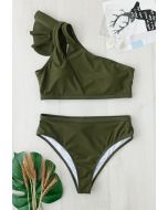 Armeegrünes Eine Schulter Bikini Satz mit gekräuseltem Ausschnitt