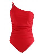 Ein-Schulter-Badeanzug mit gerüschtem Detail in Rot